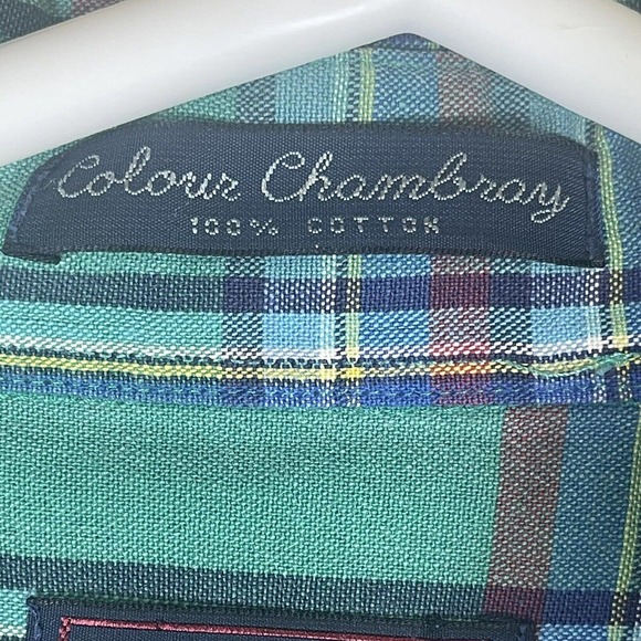 Gant Colour Chambray Mens L Short Sleeve Button Up Shirt Green Plaid 100% Cotton - Picture 7 of 12